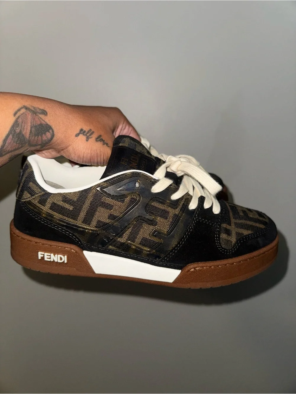 Fendi Brown and Black FF Logo Low-Top Sneakers with Cream Laces